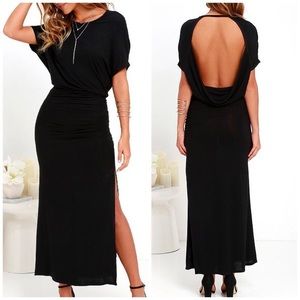 Lulu’s Black Backless Ruched Maxi Dress with Slit